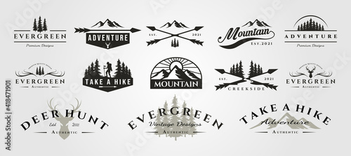 set of vector adventure mountain outdoor vintage logo symbol illustration design, vintage bundle logo design