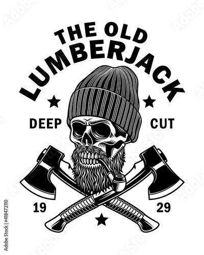 Bearded Lumberjack Skull With Crossed Axes Vector Illustration