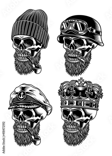 Bearded Skull Characters Collection Vector Illustration