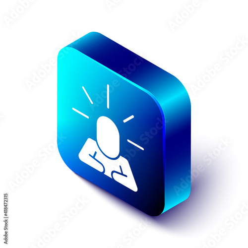 Isometric Depression and frustration icon isolated on white background. Man in depressive state of mind. Mental health problems. Blue square button. Vector.