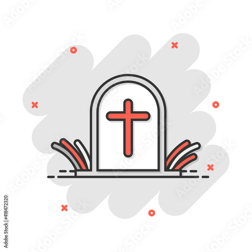 Vector cartoon halloween grave icon in comic style. Gravestone sign illustration pictogram. Rip business splash effect concept.