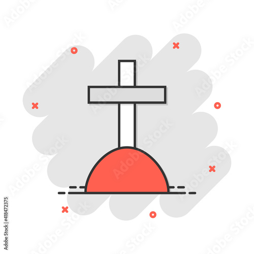 Vector cartoon halloween grave icon in comic style. Gravestone sign illustration pictogram. Rip business splash effect concept.