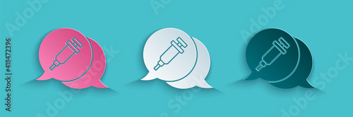 Paper cut Addiction to the drug icon isolated on blue background. Heroin, narcotic, addiction, illegal. Sick junkie with a syringe and medical pills. Paper art style. Vector.