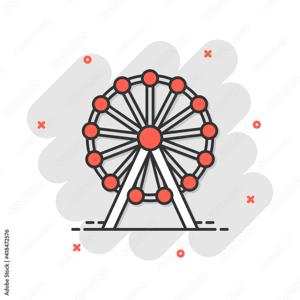 Vector cartoon ferris wheel icon in comic style. Carousel in park sign illustration pictogram. Amusement ride business splash effect concept. Vector cartoon ferris wheel icon in comic style. Carousel in park sign illustration pictogram. Amusement ride business splash effect concept.