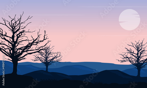 Wonderful morning panorama with a nice silhouette view of dry trees. Vector illustration