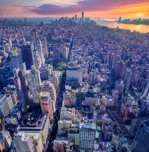 Amazing aerial view of Manhattan with sunset  New York City