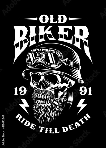 Vintage Bearded Biker Skull Smoking Cigar Vector Illustration
