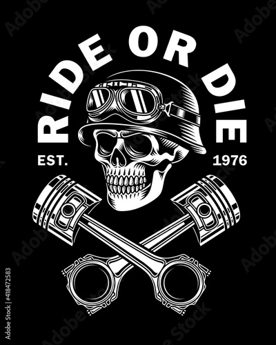 Vintage Biker Skull With Crossed Pistons Vector 
Illustration