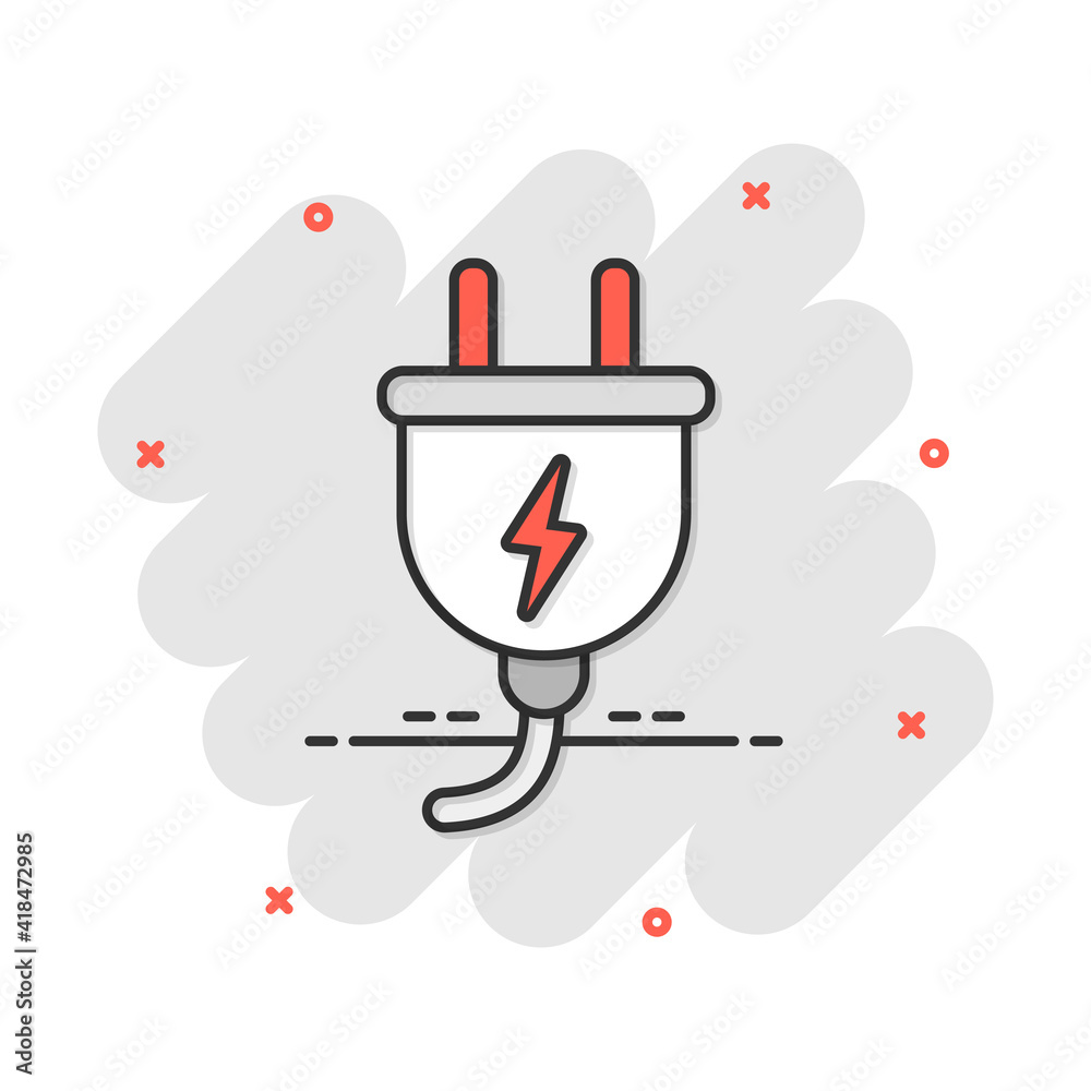 Vector cartoon electric plug icon in comic style. Power wire cable sign illustration pictogram. Wire business splash effect concept. Vector cartoon electric plug icon in comic style. Power wire cable sign illustration pictogram. Wire business splash effect concept.