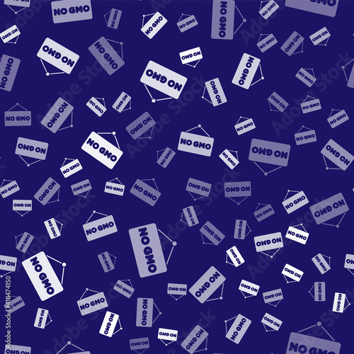 White No GMO icon isolated seamless pattern on blue background. Genetically modified organism acronym. Dna food modification. Vector.