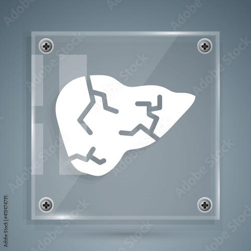 White Hepatitis virus on the human liver icon isolated on grey background. World Hepatitis Day. Square glass panels. Vector.