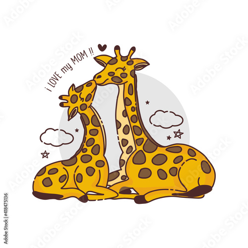 Mother s day card with Giraffes.Giraffe mother kissing baby giraffe.