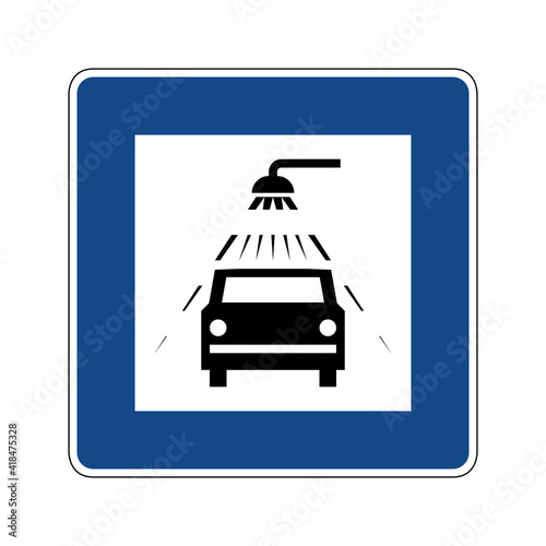 Car wash road sign. Vector illustration of blue square traffic sign with vehicle under shower icon inside. Clean car. Automotive cleaning symbol isolated on background. Information for driver. 