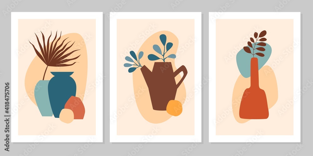 Hand drawn set abstract boho poster with tropical  leaf, color vase and shape isolated on beige background. Vector flat illustration. Design for pattern, logo, posters, invitation, greeting card