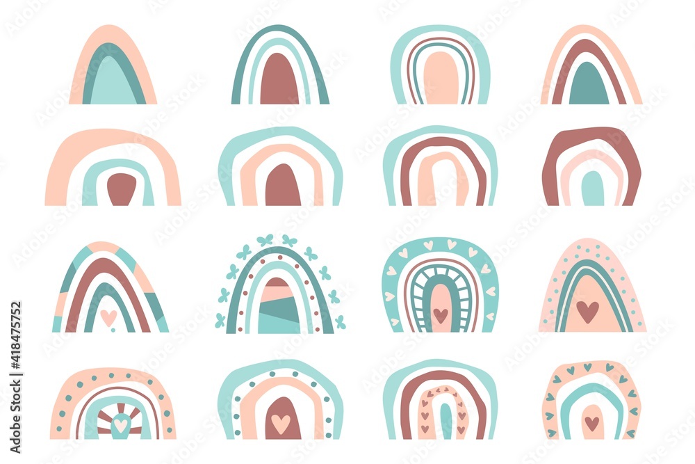 Hand drawn collection cute boho rainbows pastel color isolated on white background. Vector flat illustration. Design for baby shower, birthday, party, summer holiday, prints