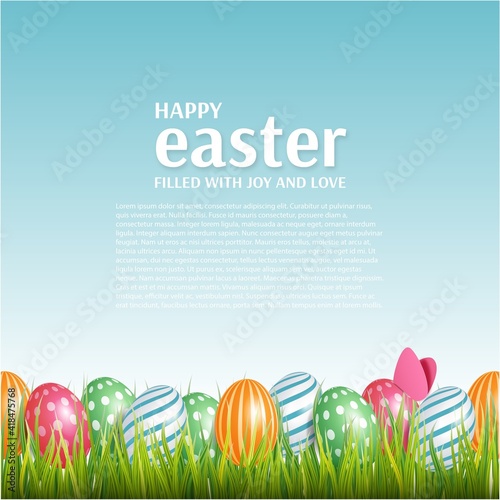 Easter card with realistic eggs and grass. Vector illustration of happy Easter holiday. Banner for a greeting card or advertising and shopping template for Easter