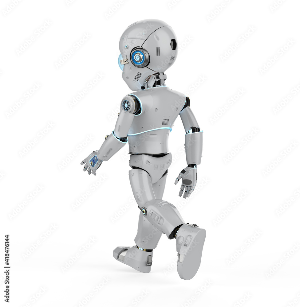 Cute robot with cartoon character walk Cute robot with cartoon character walk