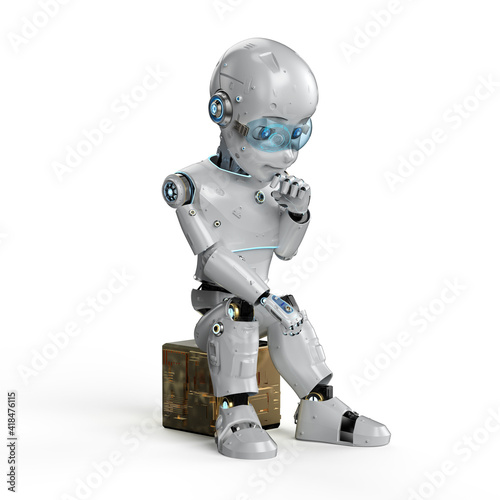 Cute robot with cartoon character think