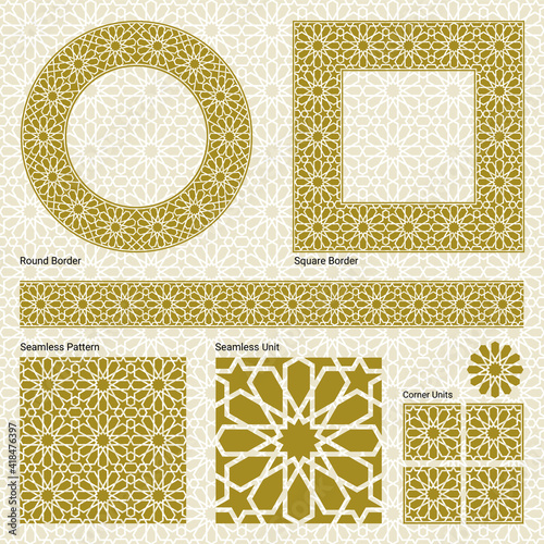 Ornament border, square frame, circle frame and a seamless Andalusian pattern ( Vector gold Andalusian, Islamic, and Geometric pattern style with seamless border).