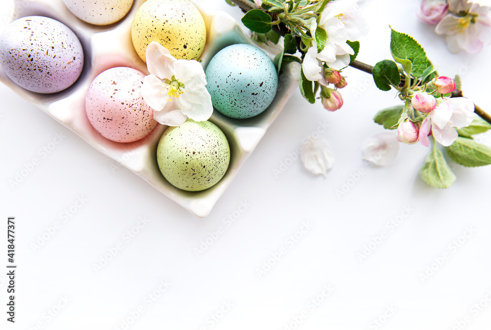 Top view of  painted easter eggs - obrazy, fototapety, plakaty 