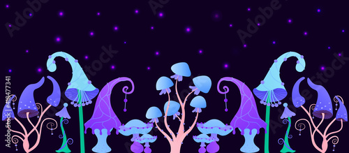 Horizontal banner with mystic mushrooms glowing on dark background, fairy tale flora, game design elements, fantasy nature