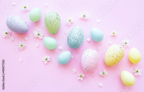 Colorful Easter eggs with spring blossom flowers