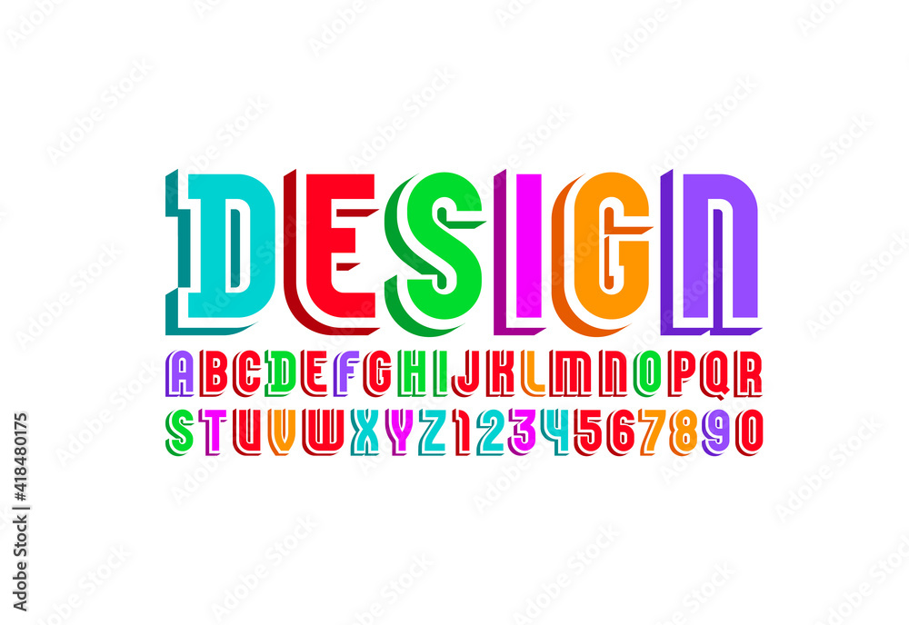 3D multi colored font, trendy bright alphabet, condensed letters and numbers, vector illustration 10EPS