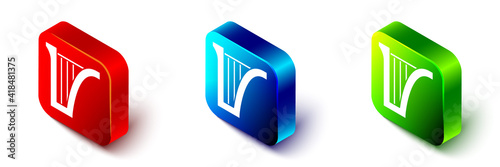 Isometric Harp icon isolated on white background. Classical music instrument, orhestra string acoustic element. Red, blue and green square button. Vector.