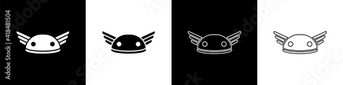 Set Helmet with wings icon isolated on black and white background. Greek god Hermes. Vector.