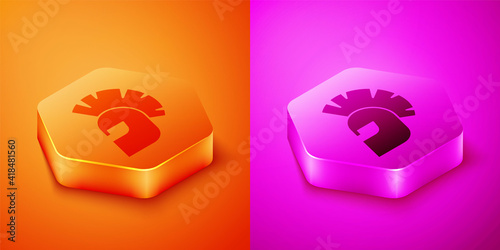 Isometric Greek helmet icon isolated on orange and pink background. Antiques helmet for head protection soldiers with a crest of feathers or horsehair. Hexagon button. Vector.