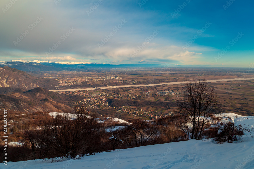 Ski mountaineering in the Alps over Pordenone, Friuli-Venezia Giulia, Italy