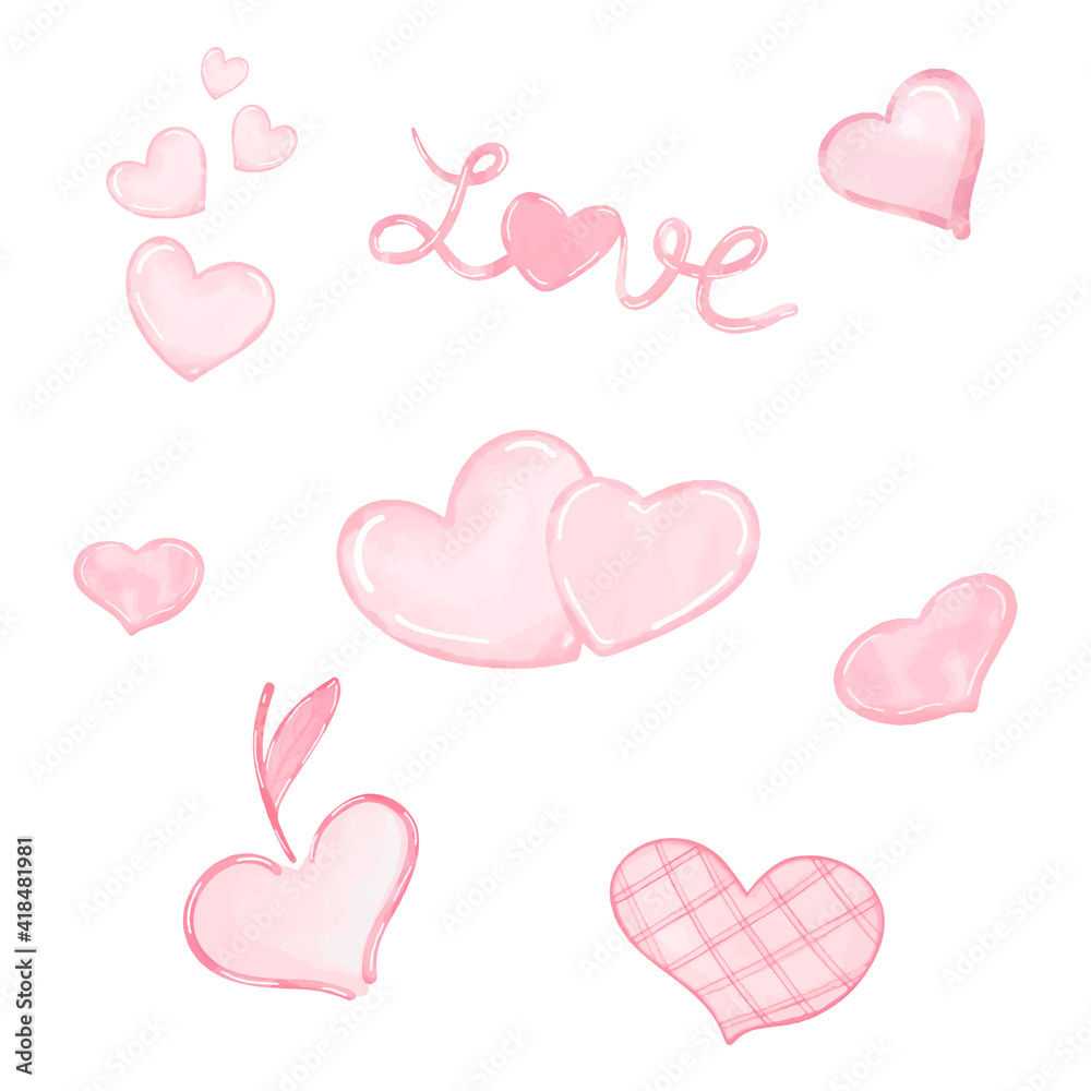 Vector - Watercolor painting collection of mix pink hearts. Valentine, Wedding day.