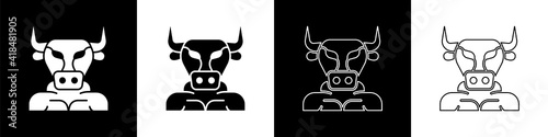 Set Minotaur icon isolated on black and white background. Mythical greek powerful creature the half human bull legendary minotaur from cretan labyrinth. Vector.