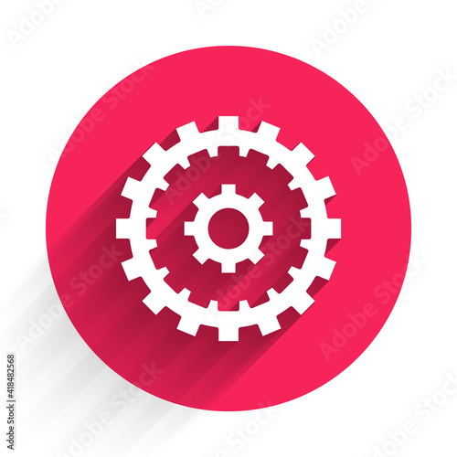 White Bicycle cassette mountain bike icon isolated with long shadow. Rear Bicycle Sprocket. Chainring crankset with chain. Red circle button. Vector.