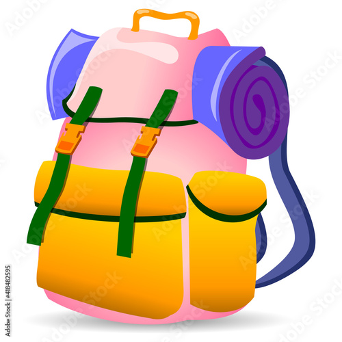 Travel backpack with mattress. Vector illustration on white background. Traveling, trekking, hiking, camping.