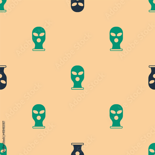 Green and black Balaclava icon isolated seamless pattern on beige background. A piece of clothing for winter sports or a mask for a criminal or a thief. Vector.