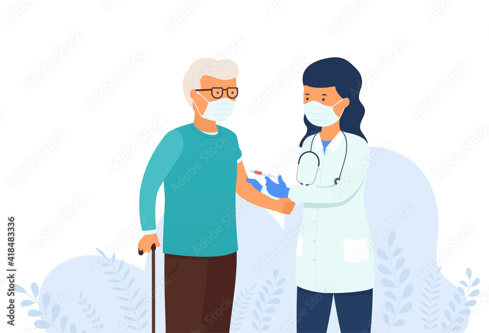 Doctor gives vaccine against virus to elderly man. Covid vaccination concept, flu injection, health prevention and immunization. Doctor gives vaccine against virus to elderly man. Covid vaccination concept, flu injection, health prevention and immunization.