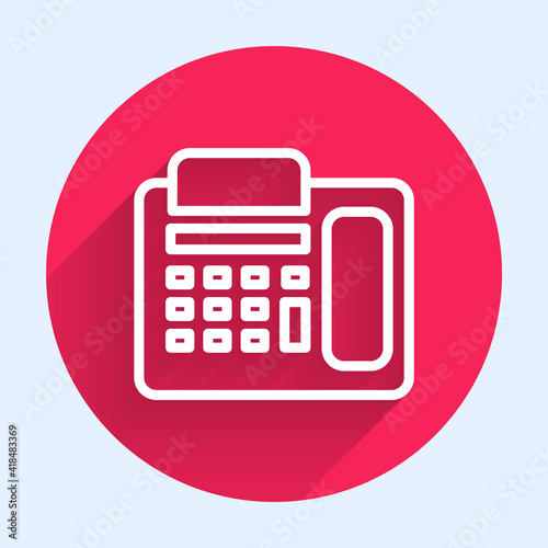 White line Telephone icon isolated with long shadow. Landline phone. Red circle button. Vector Illustration.