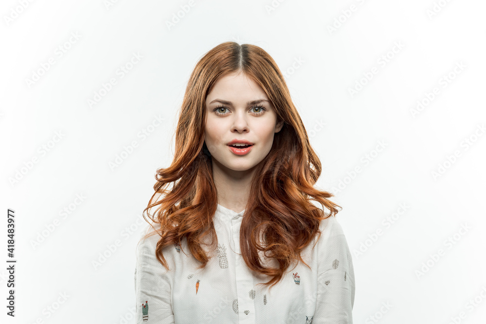 pretty elegant woman red hair glamor cosmetics light background pretty elegant woman red hair glamor cosmetics light background