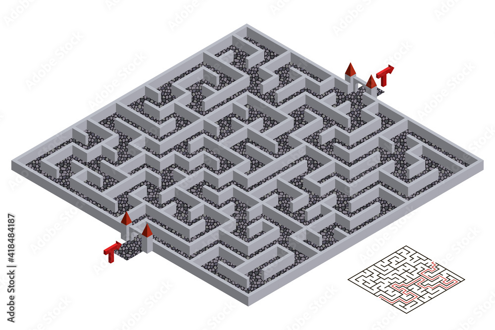 3d Maze, isometric labyrinth. Medieval town walls and streets design for  escape or puzzle game level map. Isometric view with solution. Vector  illustration Stock Vector | Adobe Stock