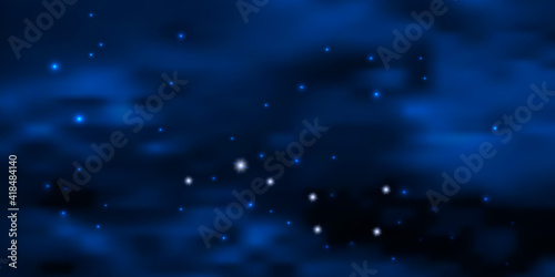 Night blue starry sky with Big Dipper star constellation, glowing stars and clouds. Galaxy space background, deep blue color, vector illustration