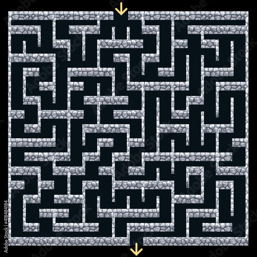 3D Maze, labyrinth with stone walls.Dungeon escape or puzzle game level design. Top down view. Vector illustration