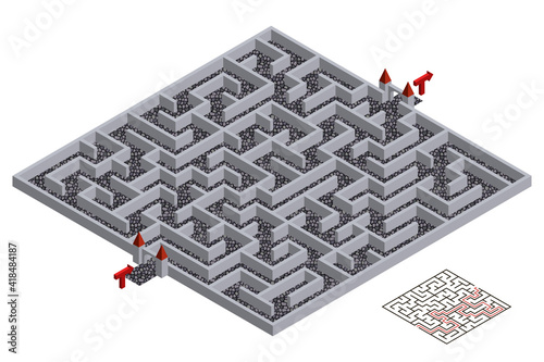 3d Maze, isometric labyrinth. Medieval town walls and streets design for escape or puzzle game level map. Isometric view with solution. Vector illustration