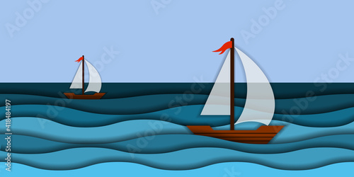 Papercut 3d sea waves and sail boat. Modern paper art style sea landscape backgroundwith colorful turquoise waves. Vector illustration