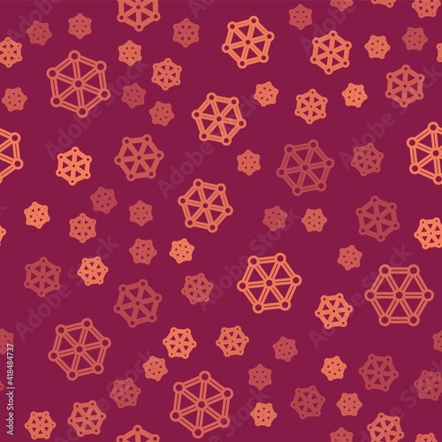 Brown line GMO icon isolated seamless pattern on red background. Genetically modified organism acronym. Dna food modification. Vector.