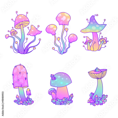 A set of fantastic mushrooms. Fantasy witchcraft magic elements isolated on white.
