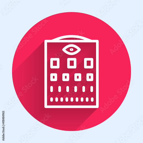 White line Eye test chart icon isolated with long shadow. Poster for vision testing in ophthalmic study. Snellen chart. Red circle button. Vector.