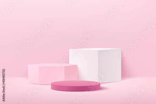Abstract vector rendering 3d shape for advertising product display presentation. Modern light pink cube, round and hexagon pedestal podium, Pastel empty room. background. Minimal wall scene. © JE48
