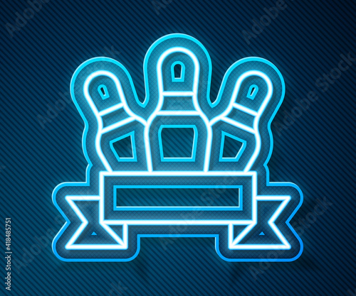 Glowing neon line Bowling pin icon isolated on blue background. Vector.