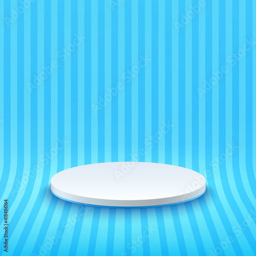 Abstract vector rendering 3d shape, Cosmetic product display presentation. Modern white and light blue cylinder pedestal podium, Perspective blue stripes and pastel empty room. Minimal wall scene.